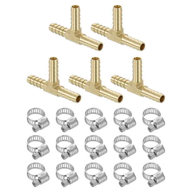 Uxcell 5pack de accesorios de Tee de latón, Tee de 3 vías 5/16" x 5/16" x 5/16" con barbas, con 15 abrazaderas para manguera