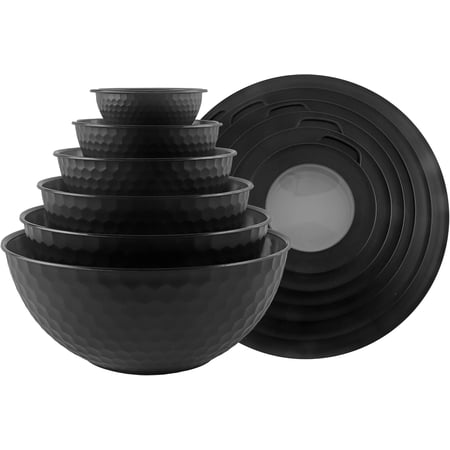 COOK WITH COLOR Mixing Bowls with Lids - 12 Piece Plastic Nesting Bowls Set includes 6 Prep Bowls and 6 Lids, Non Slip Bottom and Rhombus Design - Microwave Safe