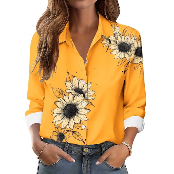 Women's Long Sleeve Collared Button Down Casual Printed Shirt Blouse for Everyday Fashion