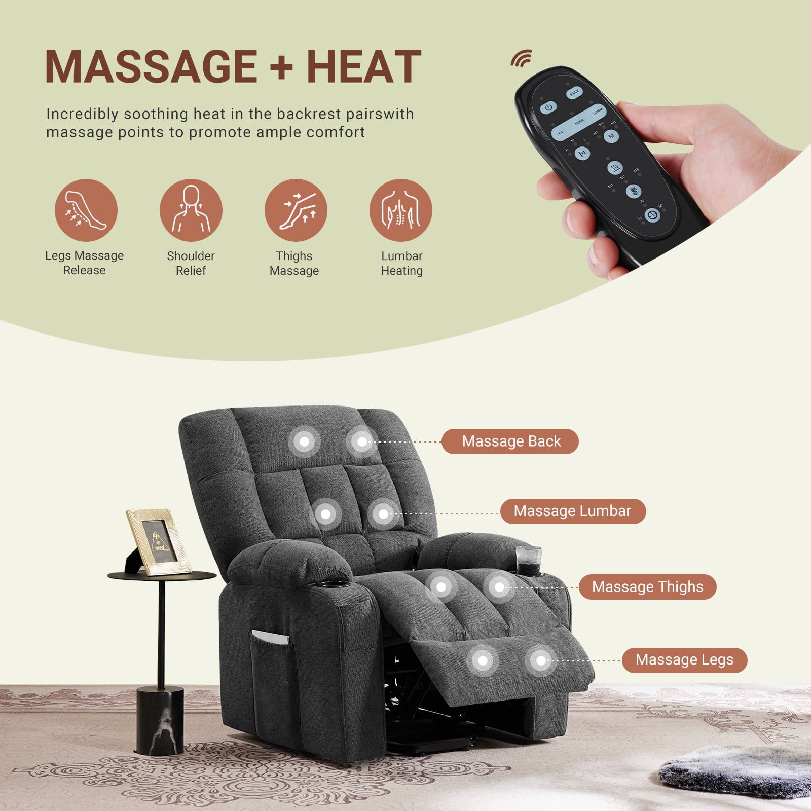 CONCETTA Elderly Recliner with Massage and Heating, Home Theater Recliner Chair with Lumbar Support and Remote Control, For Home Office Living Room, Gray