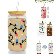 Color Changing Christmas Cup,16oz Cute Holiday Iced Coffee Glasses with Bamboo Leakproof Lid,Glass Straw for Iced Coffee,Cold Drinks, Xmas Gift(E)