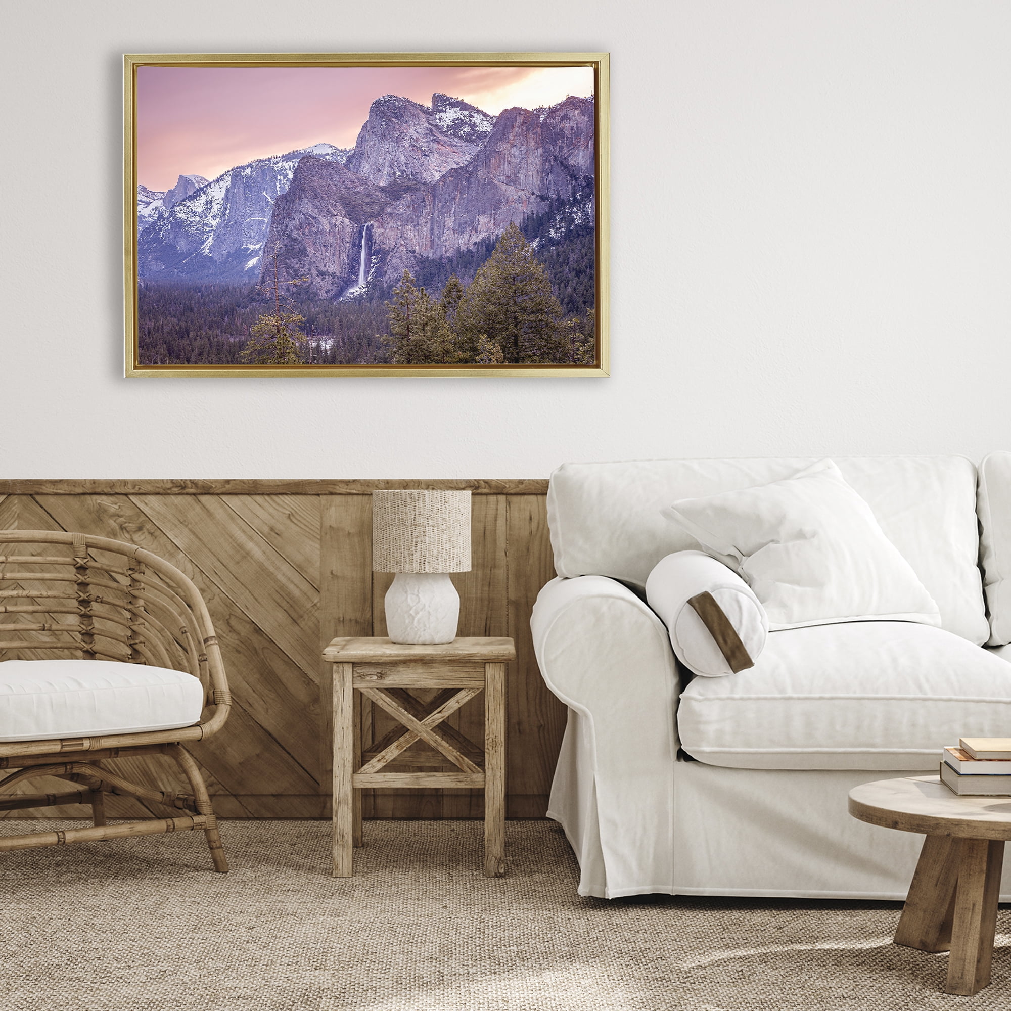 Stupell Industries Majestic Mountain Waterfall Sunset Gold Framed Floater Canvas Wall Art, design by Shelley Carlisle