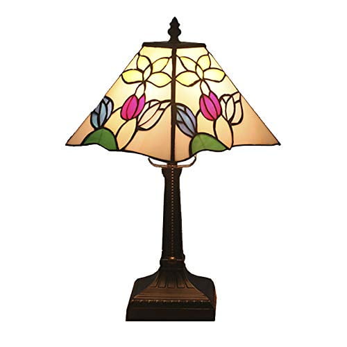 FSLiving Tiffany Style Table Lamp Mosaic Stained Nightlight Handmade Glass Lamp Shade Antique Vintage Desk Lamp with Pull Chain Bedside Lamp TD0304-Y02