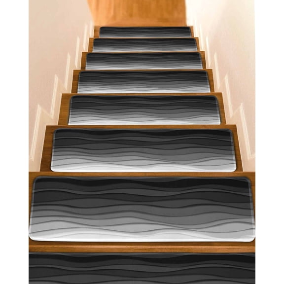 Stair Treads for Wooden Steps,Black Ombre Stripes Peel and Stick Stair Treads with Adhesive,Modern Abstract Sea Waves Spray Art Non Slip Indoor Stairs Runner Rugs Mats for Elders Dogs 8"x30" 10PCS