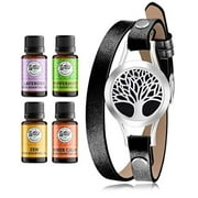Wild Essentials Tree of Life Essential Oil Diffuser Bracelet Gift Set - Aromatherapy Pendant, 14.5" Black Leather Wrap Band, Refill Pads 100% Pure Oils (Lavender, Peppermint, Inner Calm and Zen)