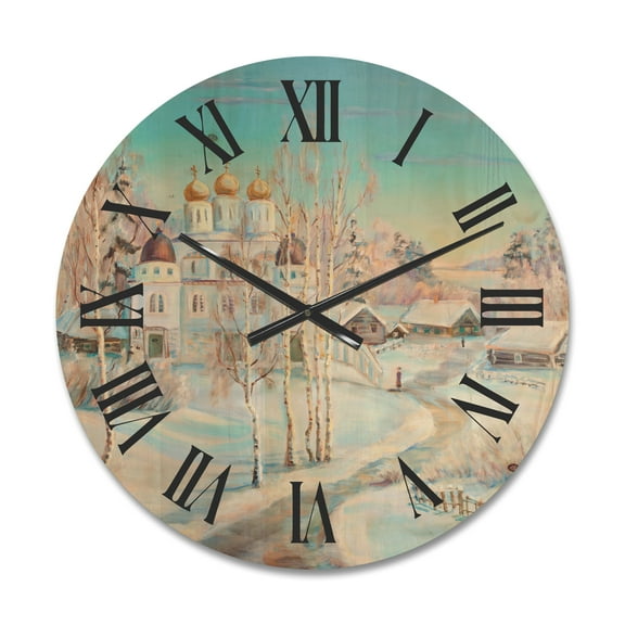 Designart 'Temple Over Country Road In Winter Landscape' Traditional Wood Wall Clock