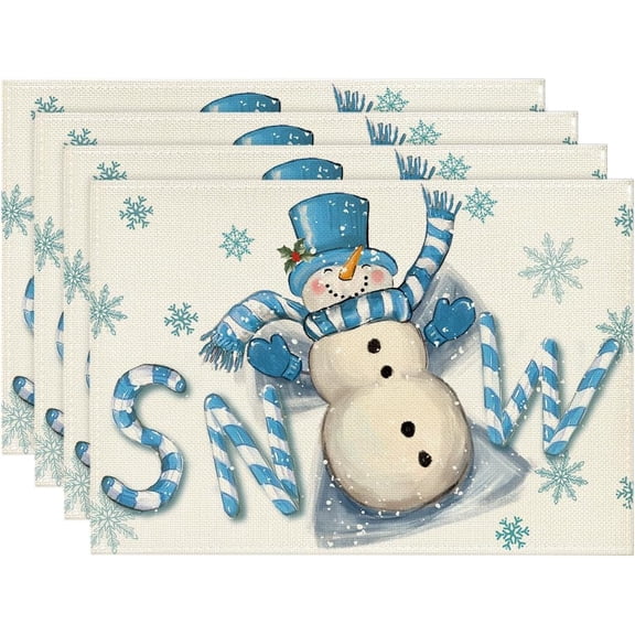 Blue Snow Snowman Winter Placemats Set of 4, 12x18 Inch Seasonal Holiday Christmas Place Mats for Party Dining Table