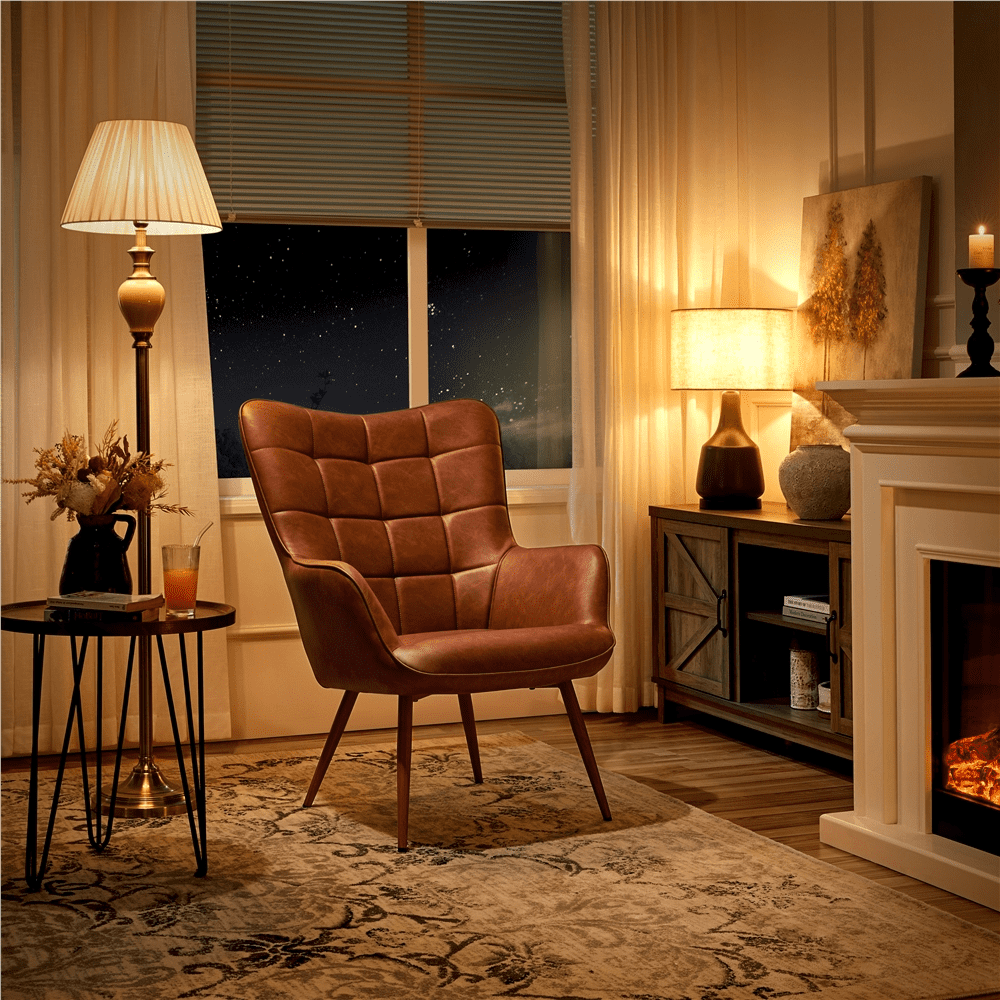 Renwick Contemporary Faux Leather Wingback Accent Chair for Livingroom, Brown