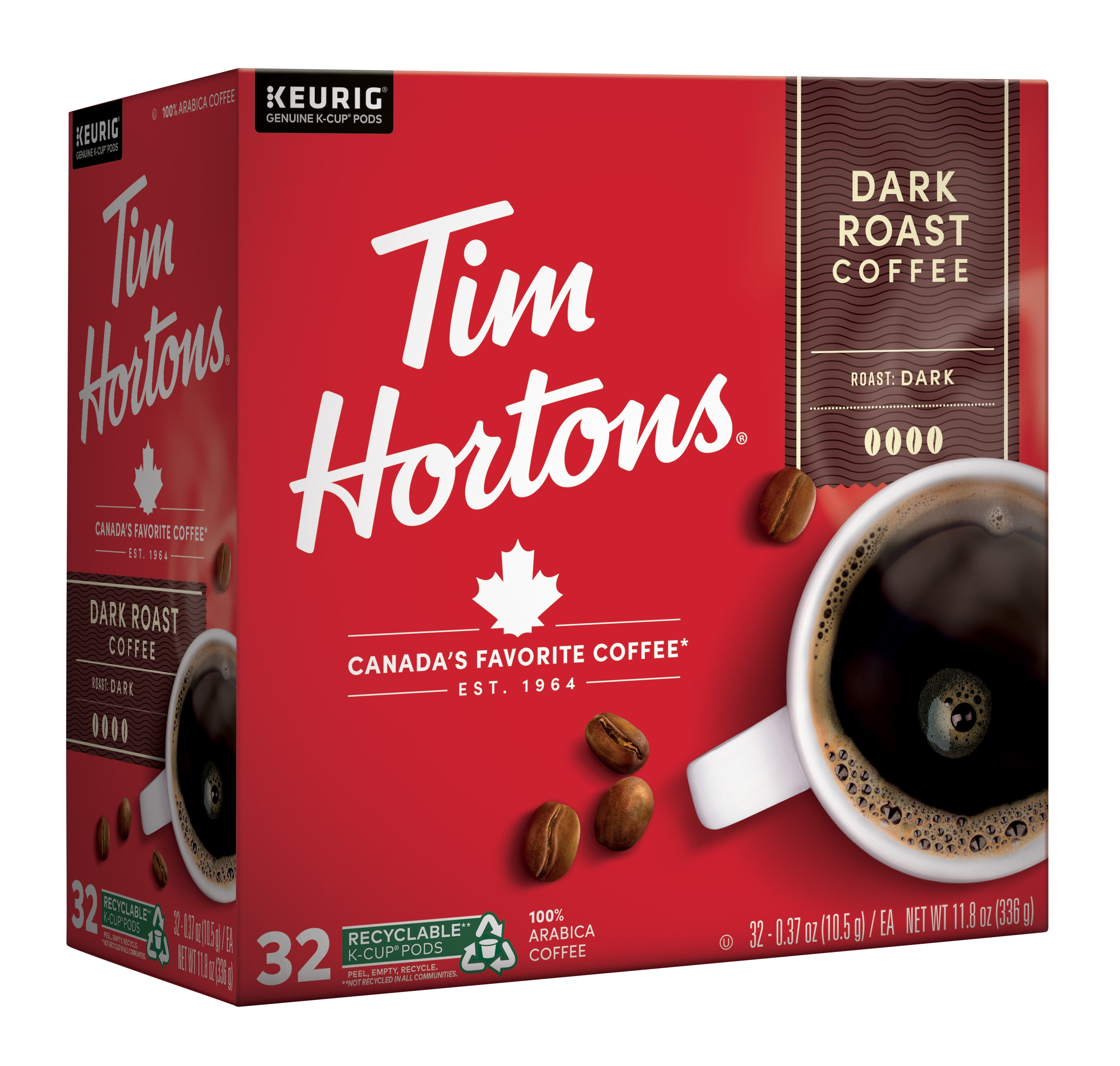 Tim Hortons Dark Roast K-Cup Coffee Pods for Keurig Brewers, Recyclable, 32 Ct