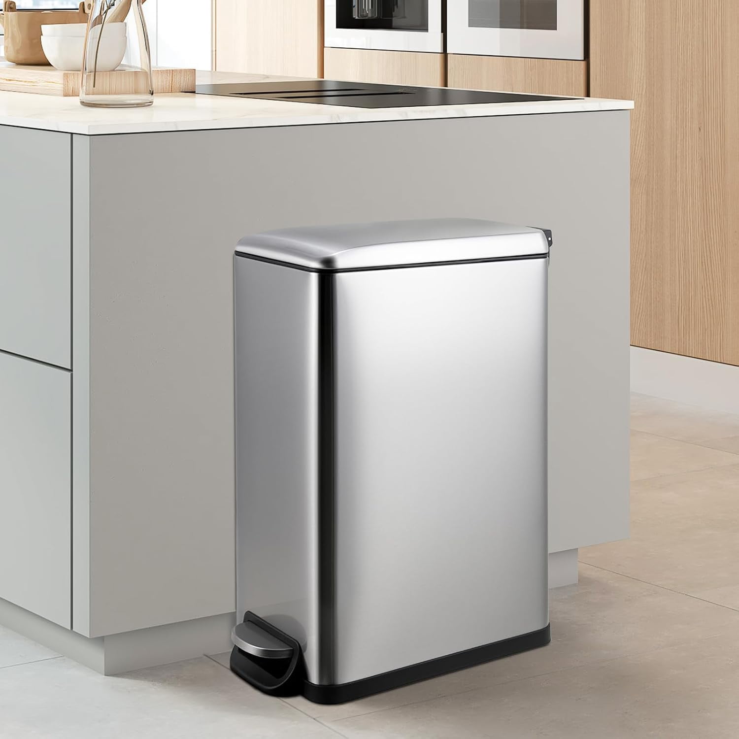 TLSUNNY 13.2 Gal Stainless Steel Trash Can, with Soft-Close Lid, Inner Bucket, Foot Pedal Trash Can, for Kitchen, Bathroom, Living Room