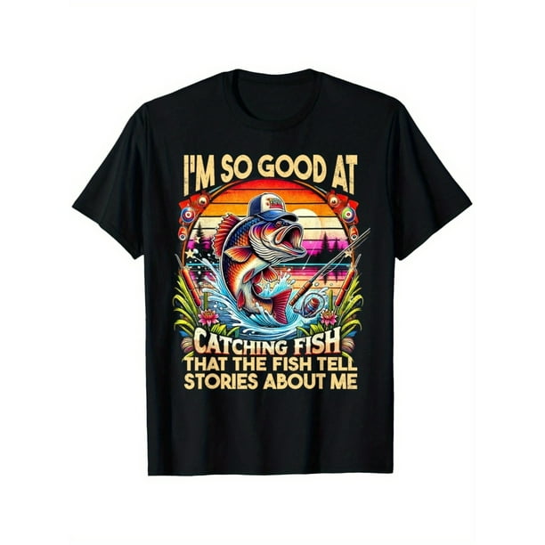 I'm So Good at Catching Fish" Youngsters T-Shirt - 100% Cotton, Breathable, Short Sleeve, Round Neck, Fun Fishing Graphic Design, All-Season Casual Wear for Boys and Girls
