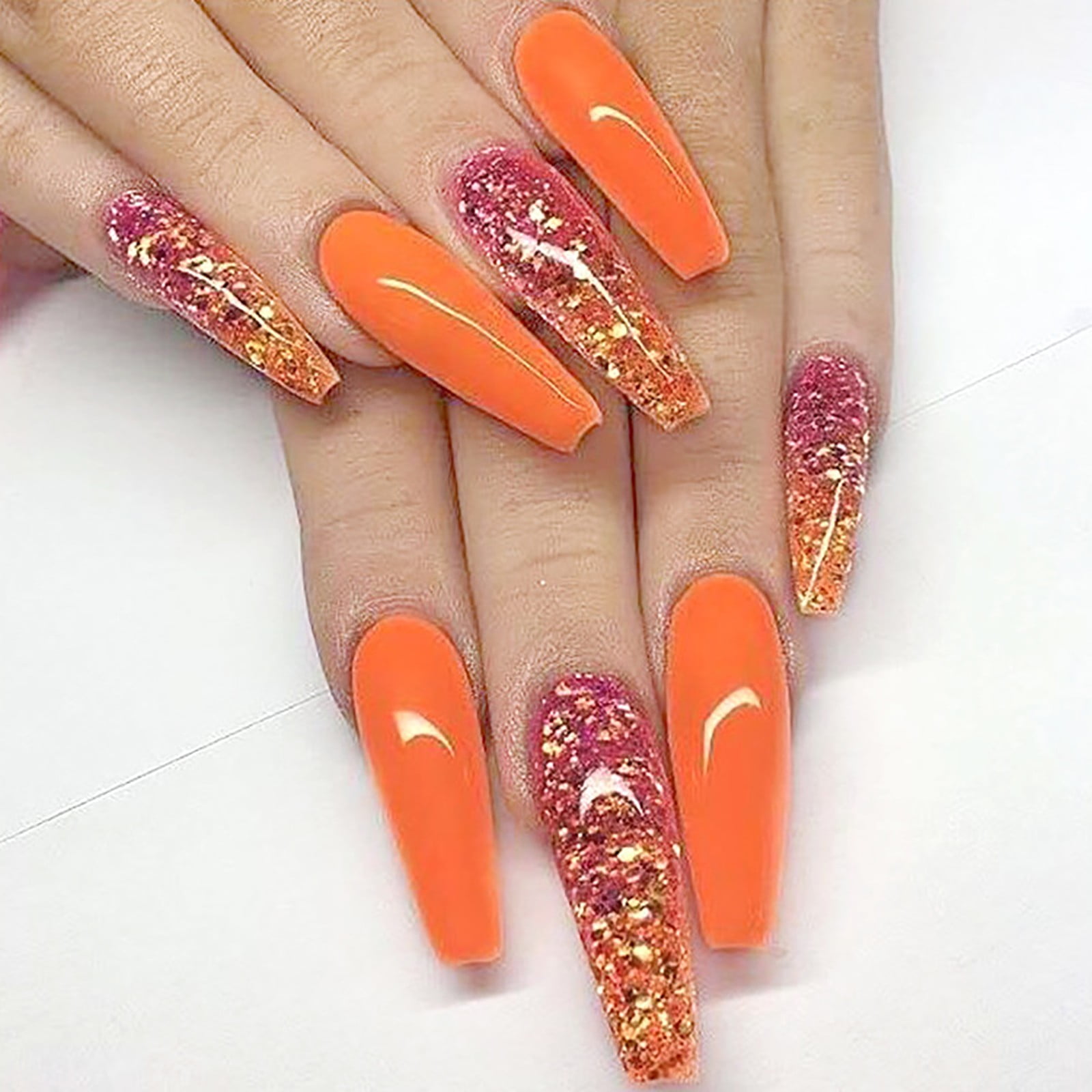 Orange Sparkle 24 Pcs Coffin Shape Long Press-On Nails With Rhinestone –  Bella Chic Hair & Beauty