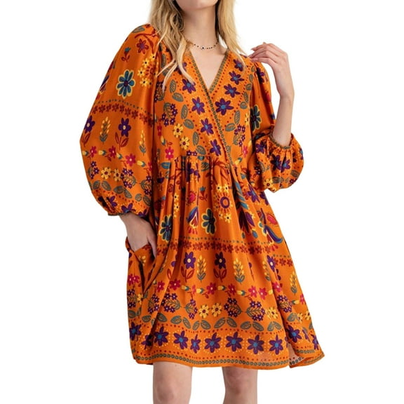 Women'S V-Neck Long Sleeve Printed Short Dress Loose Casual Bohemian Style Mini Beach Dress Orange S