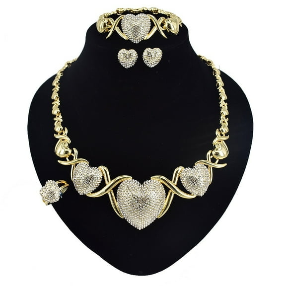 Women's Hugs & Kisses XOXO Shiny Big Heart Charm Necklace Set 18k Layered Real Gold Plated Includes Necklace Bracelet Earrings Ring Set