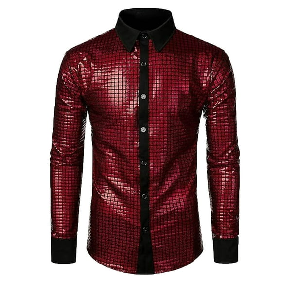 LNWUY Men's 70s Shiny Trendy Fashion Disco Shirt Long Sleeve Lapel Button Down Party Nightclub Prom Sequins Tope Red L
