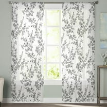 Sheer Curtains 96 inches Long, Floral Watercolor Style Grey Flower Bud Leaves Light Filtering Sheer Window Curtains Rod Pocket Voile Drapes for Bedroom Living Room, 52"W x 96"L 2 Panels