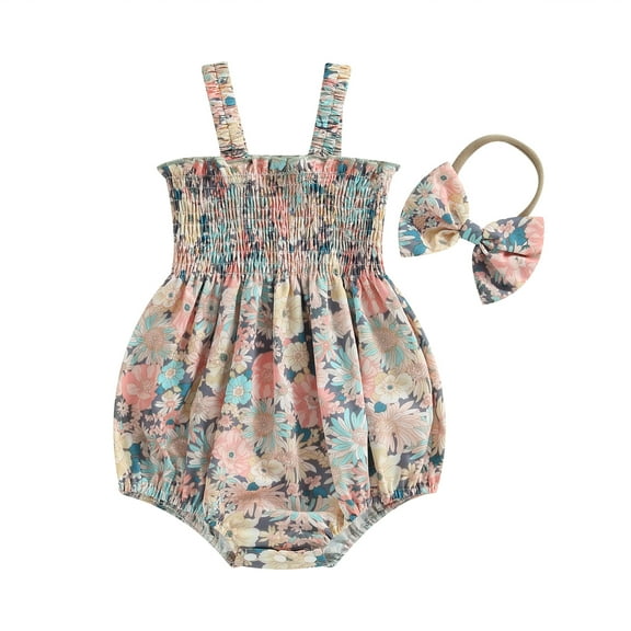 Musuos Baby Girl Summer Outfits, 3 6 12 18M Sleeveless Frill Smocked Romper with Headband Set 2Pcs Clothes