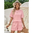 thumbnail image 4 of Women Matching Shorts Knitted Pockets Sets Fall Round Neck 2 Piece Set Summer Short Sleeve Lounge Sets Pink XL, 4 of 8