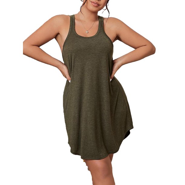 Army Green Casual Plain Round Neck Sleepshirts Sleeveless Plus Size ...