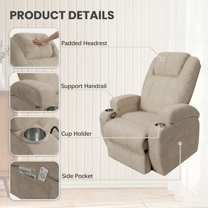 Homall 360° Swivel Rocking Recliner Massage Oversized Singal Sofa For Living Room Ergonomic High Backrest and Adjustable Recliner,Linen Beige