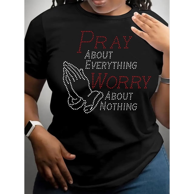 Camisetas de verano para mujer, con estampado, lindo, holgadas, atléticas, de manga corta, casual, 2025Women'S Faith-Inspired T-Shirt, "Pray About Everything Worry About Nothing" Graphic, Crew Neck,
