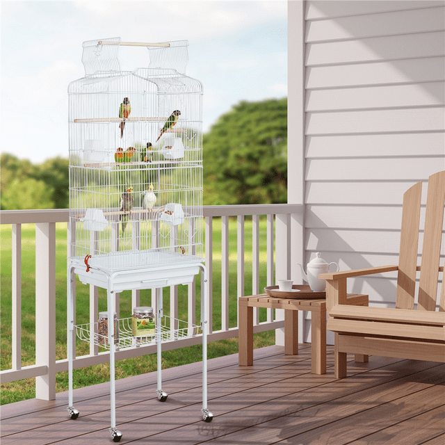Yaheetech 64"H Open Top Metal Bird Cage with Double Doors and Slide-out Tray, White