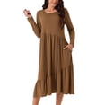 thumbnail image 1 of Vestido midi de mujer de manga larga de otoño Inspire Chic, con cuello redondo, casual, suelto, plisado, en capas, con bolsillos, color marrón, 1 of 5