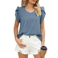 thumbnail image 1 of Camisa de manga de pétalo con cuello redondo para mujer, Top plisado básico informal de Color puro, ajuste holgado, para verano, 1 of 8