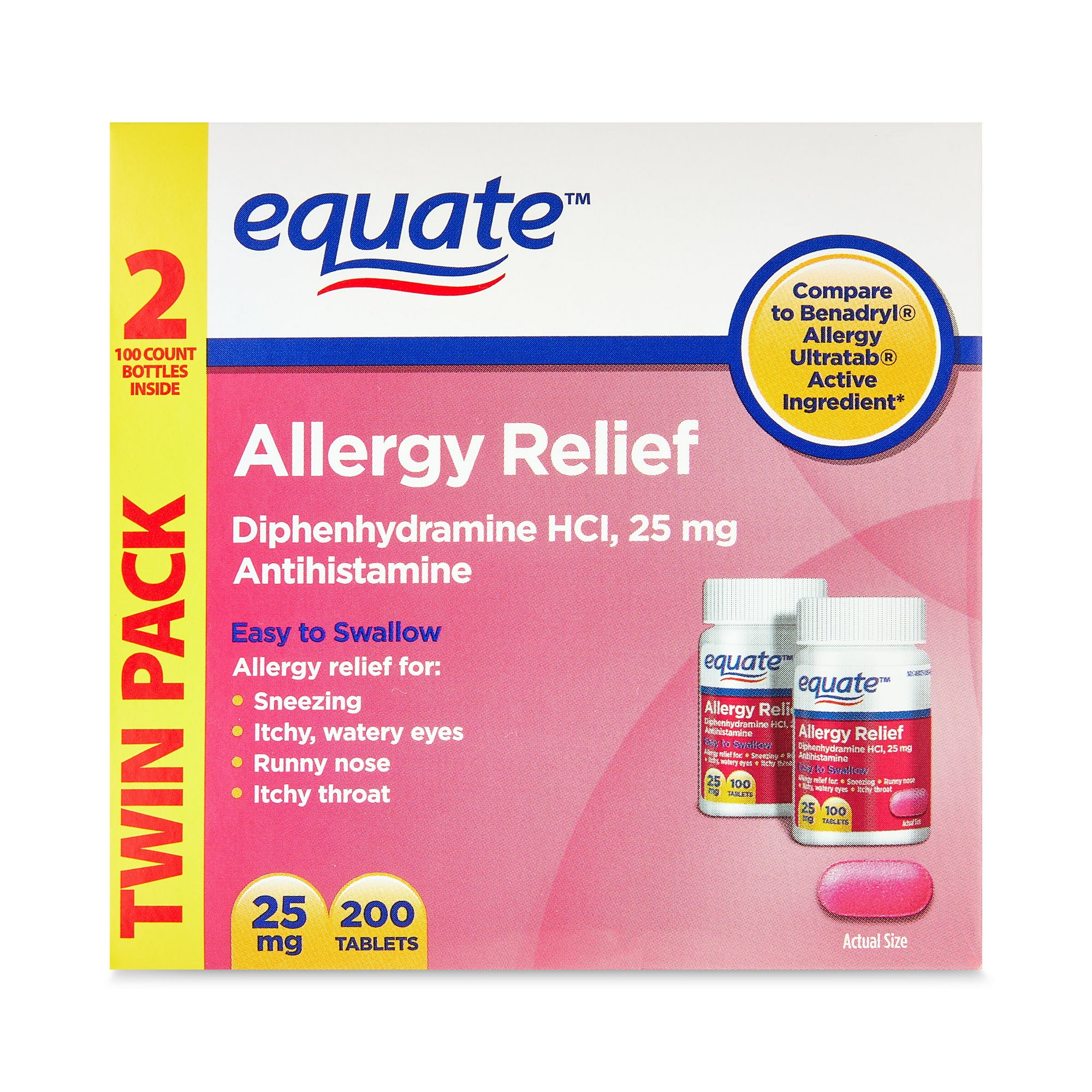 Equate Allergy Relief Diphenhydramine HCl 25 mg Antihistamine Tablets, 2x100 Count, Compare to BenadrylÂ® Allergy Ultra tabÂ® Active Ingredient