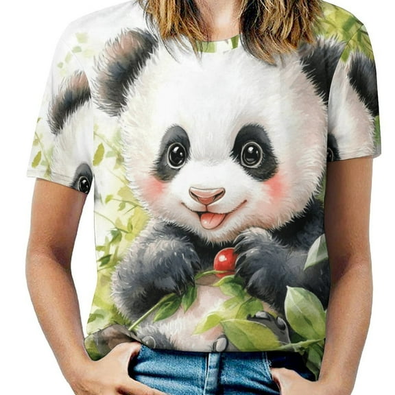 Cute Panda Eating Berry Women's T-Shirt Short Sleeve T Shirts Tops Tee Ladies Loose T