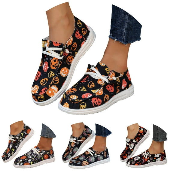 Dakaela Women's Halloween Canvas Shoes 2025 Casual Slip on Loafers Skull Pumpkin Low Top Walking Sneakers