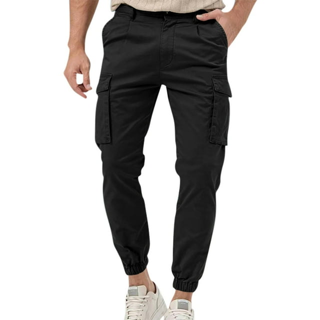 Pisexur Mens Pants Solid Color Multi Pockets Cargo Pants Oversized Gym Athletic Hiking Pants Casual Baggy Elastic Bottom Straight Leg Sweatpants Plus Size Work Pants S-3XL