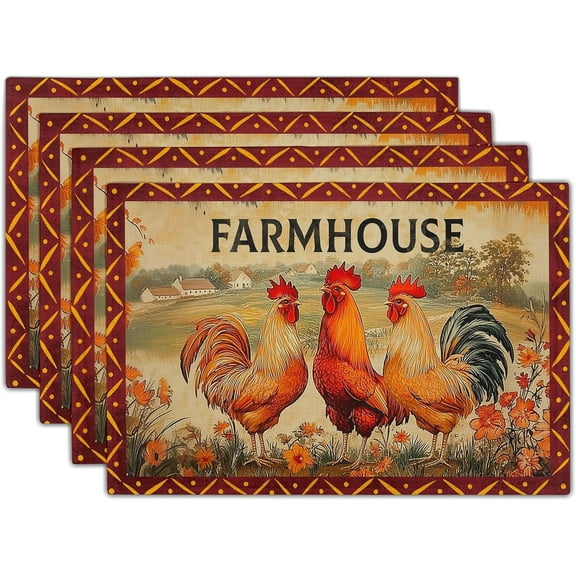 Farmhouse Rooster Placemats Set of 4 Vintage Chicken Farm Table Mats Rustic Country Style Heat Resisting Non-Slip Place Mat for Home Party Indoor Kitchen Dining Table Decoration 12x18 Inch