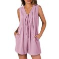 thumbnail image 1 of Womens Solid Color Rompers Summer Loose Sleeveless Pleated Tie Front V Neck Shorts Jumpsuits With Pockets, 1 of 9