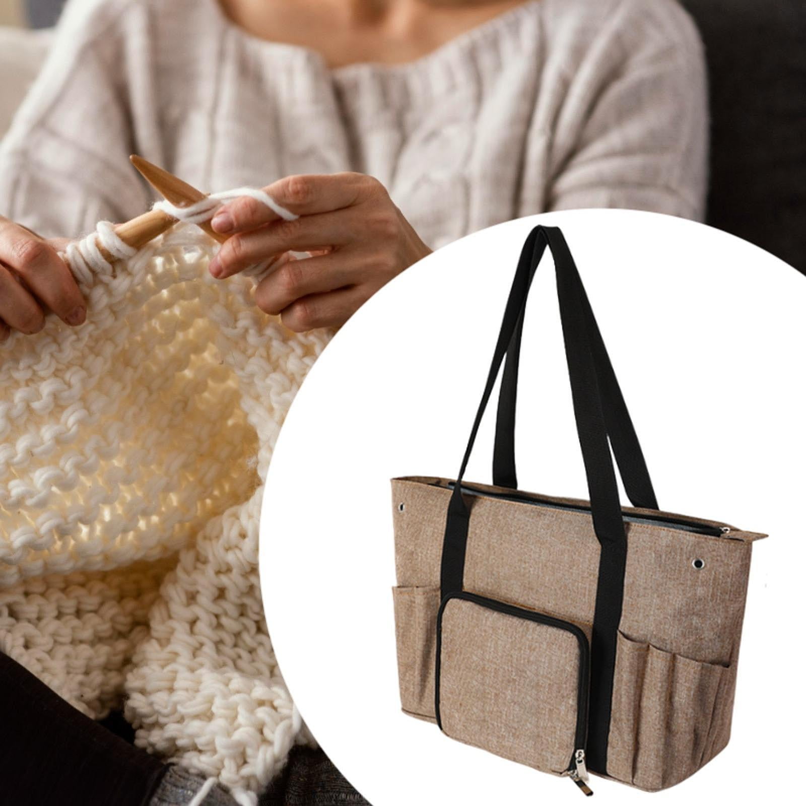 HOMYL Crochet Bag Tote Knitting Crochet Supplies with 2 Holes Empty Yarn Organizer khaki