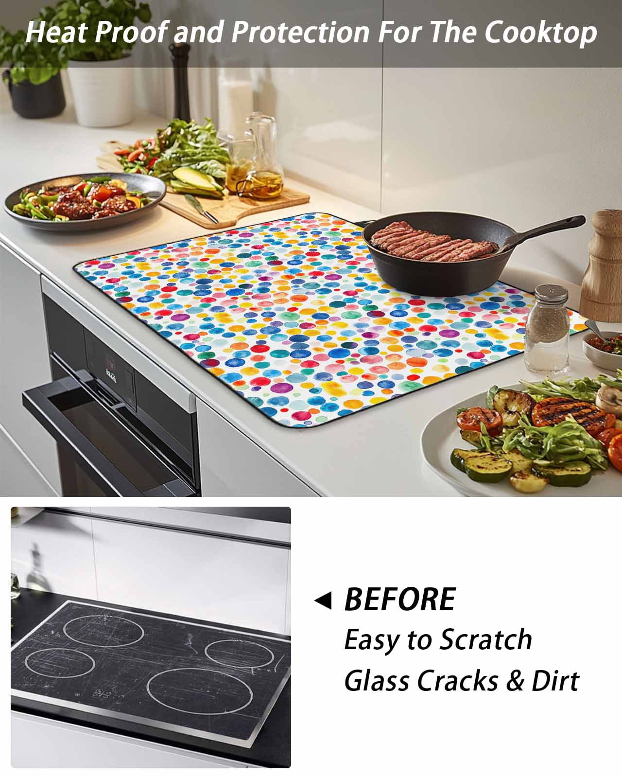 Stove Top Covers for Electric Stove, Colorful Polka Dot Glass Stovetop Cover Protector, Rainbow Polka Dots Watercolor Induction Cooktop Protector Oven Mat for Kitchen Countertop 36"x21"