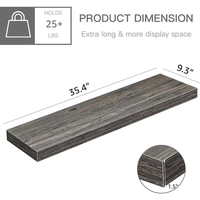 PETGLE Long Floating Shelves for Wall (Grey, Set of 2, 35.4