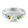 thumbnail image 3 of Gem Stone King 10K White Gold White Simulated Opal Green Peridot and White Lab Grown Diamond 5 Stone Bridal Engagement Wedding Ring Set for Women (0.85 Cttw, Round Cabochon: 5MM and 3MM, Size 5), 3 of 6