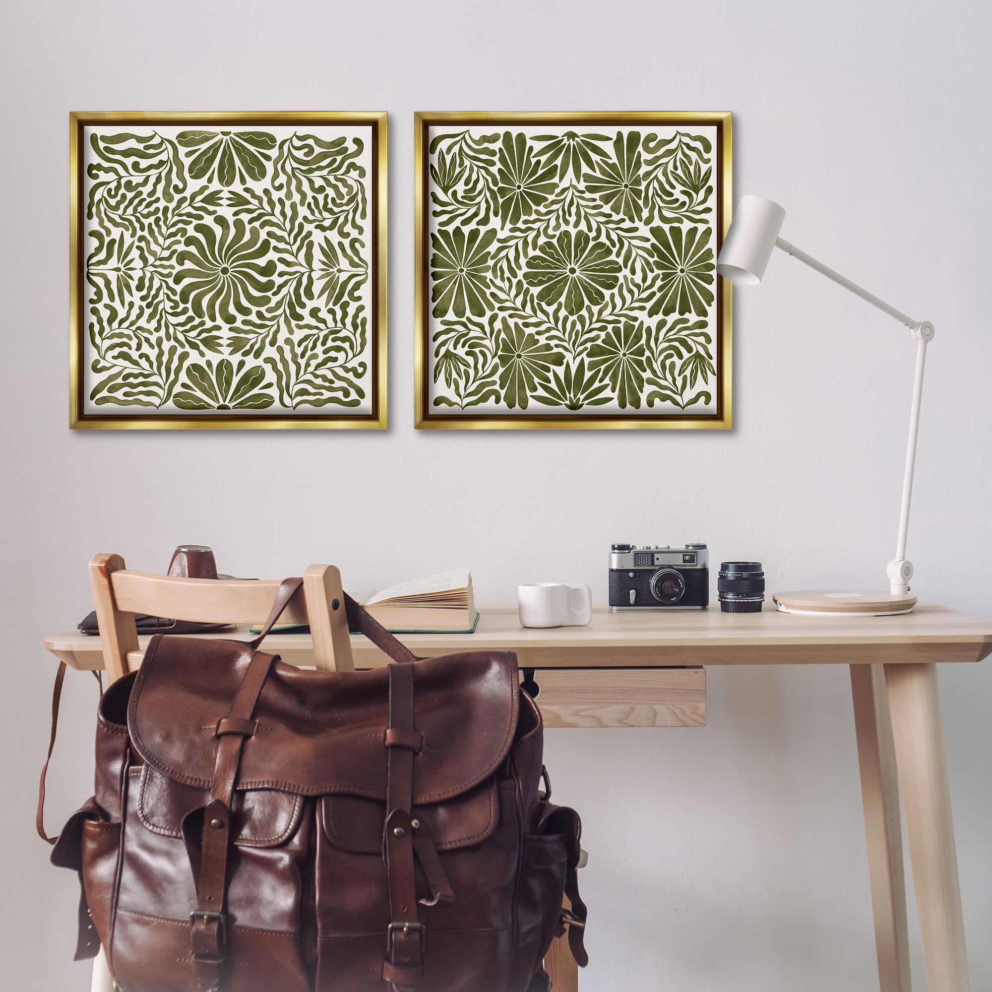 Stupell Industries Patterned Wavy Flowers Plants & Flowers Painting Gold Floater Framed Canvas Art Print Wall Art, 25 x 25, Set of 2