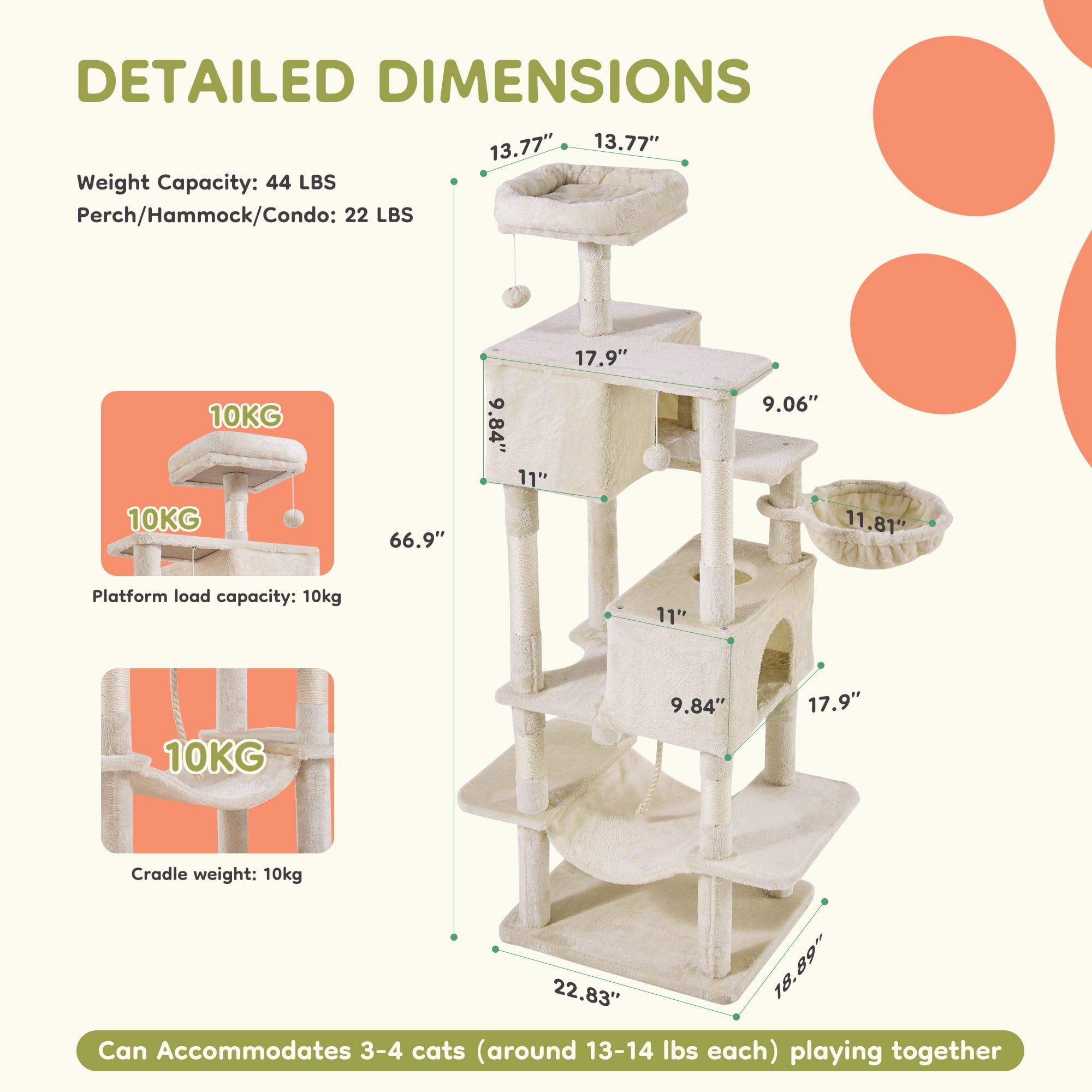 JIOABL 66" Multi-Level Cat Tree Tower with Hammock, Large Condo, Climbing Plates, Plush Toy, Kitty Playing House, Beige