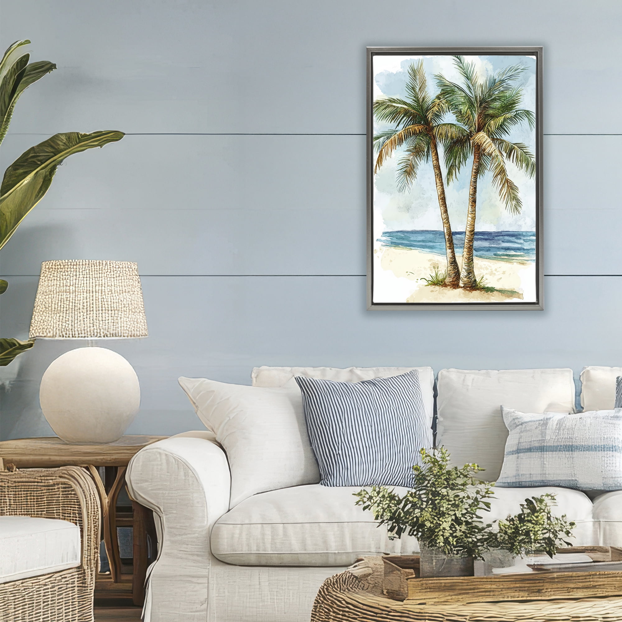 Stupell Industries Illustrated Palm Tree Duo Gray Framed Floater Canvas Wall Art, design by Petal Prints Design