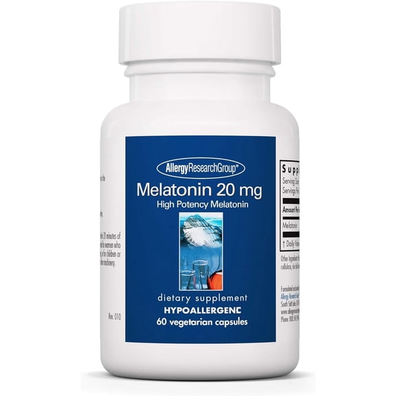 Allergy Research Group Melatonin 20mg - Pure Melatonin, Extra Strength for Adults, Sleep Aid, High Dose, Vegetarian Capsules - 60 Count
