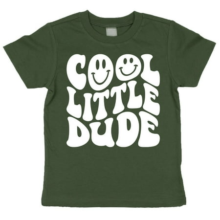 

Cool Little Dude Retro Smiley Shirt White on Military Green Shirt 12 Months