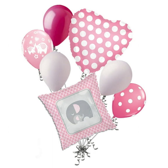 7 pc Pink & Grey Elephant Baby Girl Balloon Bouquet It's a Shower Welcome Home