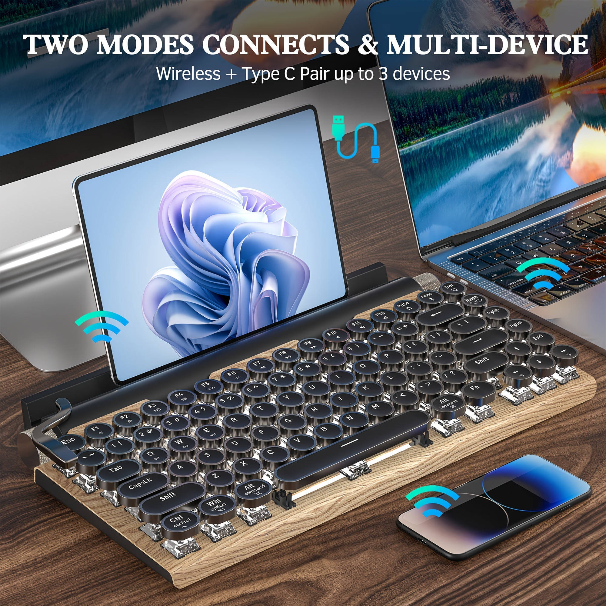 Wired & Wireless Retro Multi-Device Mechanical Typewriter, Compact 80% Layout Keyboard, Hotswappable, Bluetooth 5.0, Round Keycaps, LED Backlit, For Windows/macOS/Android/Linux, Blue Switch