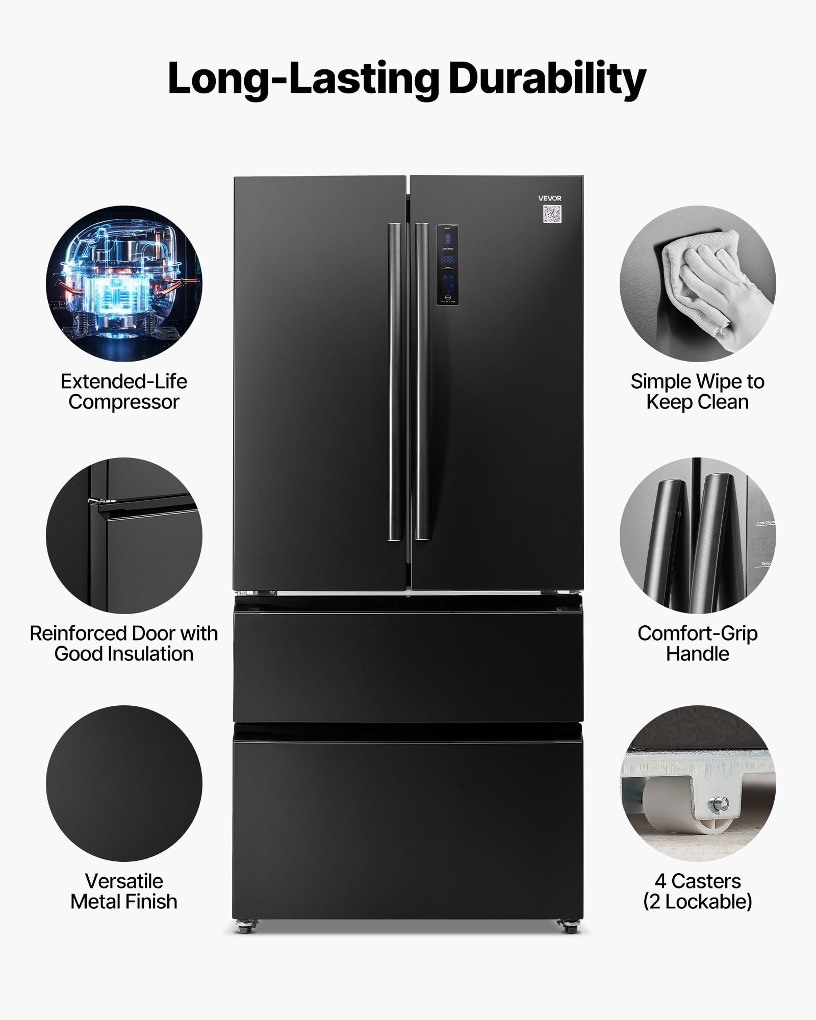 VEVOR French Door Refrigerator, 18.9 Cu. Ft. Kitchen Fridge,Counter Depth French Refrigerator with LED Display and 4 Casters,Frost-Free Bottom Freezer Refrigerators for Home & Commercial Use,Black