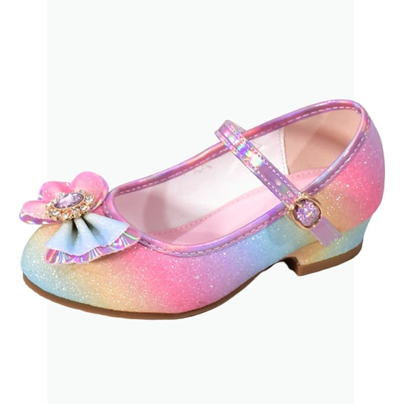 Gyujnb Girls Rainbow Glitter Mary Jane Low Heels Rhinestone Flower Bow Strap Princess Show Shoes, Closed Toe,6-7 Years