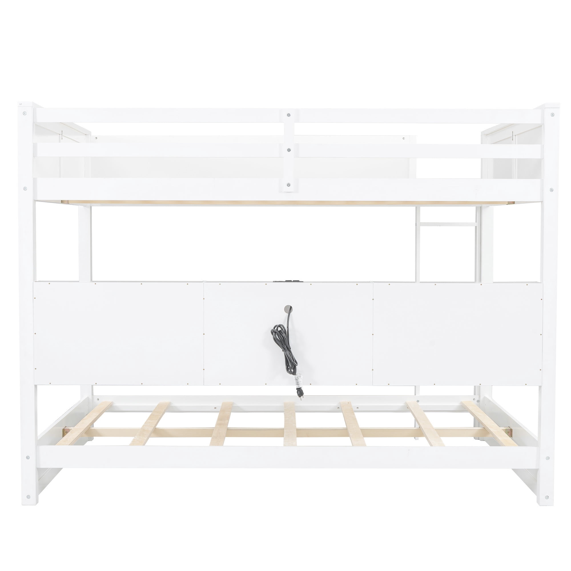 Queen over Queen Size Bunk Bed with Bookshelves, Solid Wood Queen Size Bunk Beds with USB Ports and Ladder for Kids Teens Adults, No Box Spring Needed