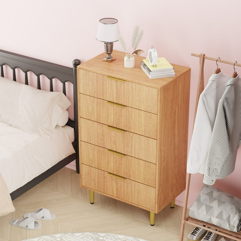 light wood and gold dresser 5-Drawer Modern Dresser with Fluted Panels  Light Wood Grain Cabinet with  Gold Metal Legs, 48" Tall Storage Chest for Bedroom, Living Room & Entryway