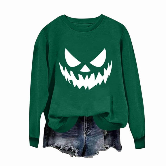 Neewe Women's Casual Crew Neck Sweatshirt Halloween Printed Loose Soft Long Sleeve Pullover Tops